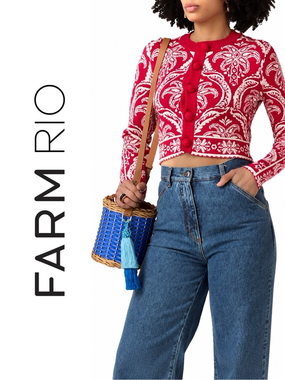 FARM Rio Red Tropical Jacquard Knit Cardigan